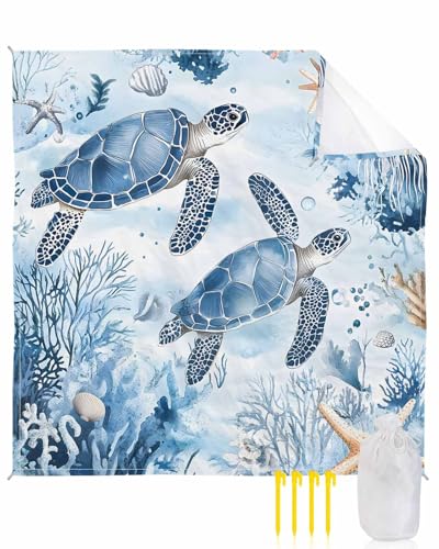 Beach Blanket Sandproof Waterproof Picnic Blankets Summer Sea Turtle Blue Ocean Extra Large Lightweight Outdoor Beach Mat with Corner Pockets for Travel/Camping/Hiking Coral Starfish Shell Jellyfish