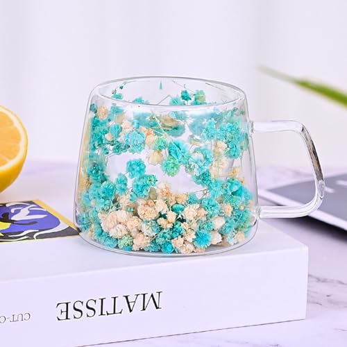 Richaa Tazza in vetro a doppia parete con manico con fiori secchi, 200 ml, tazza per cappuccino, cioccolata calda, tazza da caffè in vetro, regalo originale