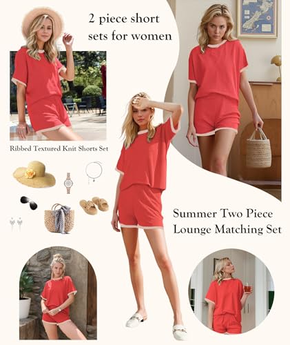 Image of MARZXIN Women 2 Piece Shorts Set 2026 Casual Summer Cruise Outfits Ribbed Loose Short Sleeve Pocket Matching Lounge Sets