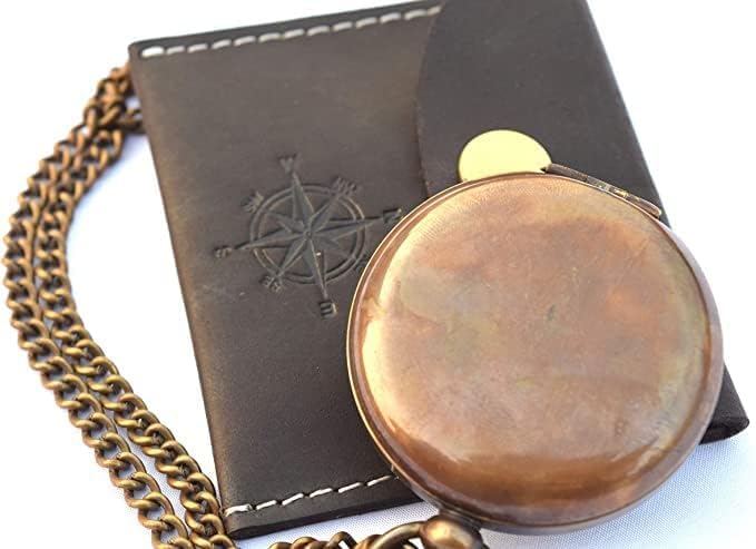 Brújula de bolsillo de latón hecha a mano con tapa de apertura y cadena, con estuche de cuero miniatura 2