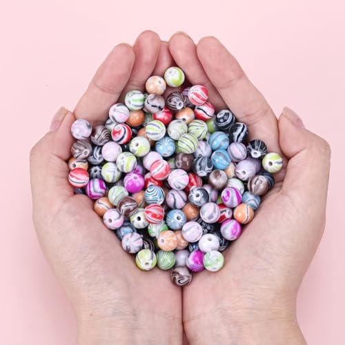 Image of Quefe 500pcs Craft Beads in Ink Patterns for Jewelry Making Beads for Bracelets Making, Acrylic Bulk Beads with 50pcs Spacer Beads and Crystal String (10mm)