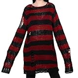 Koitniecer Frauen hohler Strickpullover gestreift zerrissen beiläufige übergroße Punk Gothic Langer Pullover Stricken Pullover Pullover Pullover Tops (Red Long, One Size)
