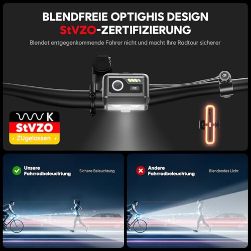 Fahrradlicht Set 100LUX, Fahrradrücklicht Mit Bremsfernlichtfunktion, Aufladbar Fahrradlampe mit 3200mAh Akku, StVZO zugelassen, IPX5 Wasserdicht Frontlicht & Rücklicht Set für Fahrrad MTB Ebike