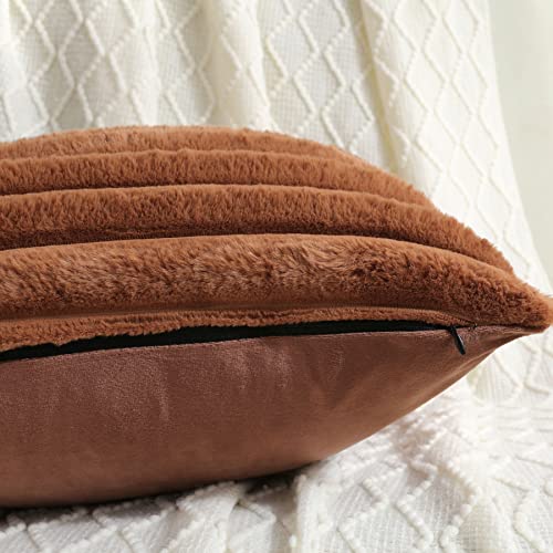 FUTEI Brown Striped Decorative Throw Pillow Covers 18x18 Inch Set of 2,Square Fall Decorations Couch Pillow Case,Soft Cozy Faux Rabbit Fur & Velvet Back,Modern Home Decor for Bed