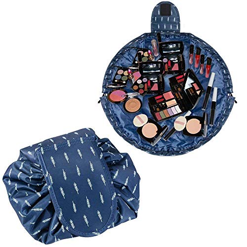 Image of Maharsh Women's Convenient and Waterproof Multifunction Portable Lazy Travel Cosmetic Storage Makeup Organizer Toiletry Bag with Drawstrings (Dark Blue Leaf)