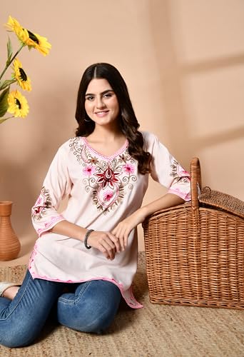 Image of Embroidered Chikankari Kurti with Kashmiri Aari Work, V-Neck, 3 /4 Sleeves, Rayon Fabric