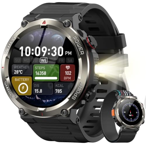 Military Smart Watch for Men with 100 Days Battery/Flashlight/Compass