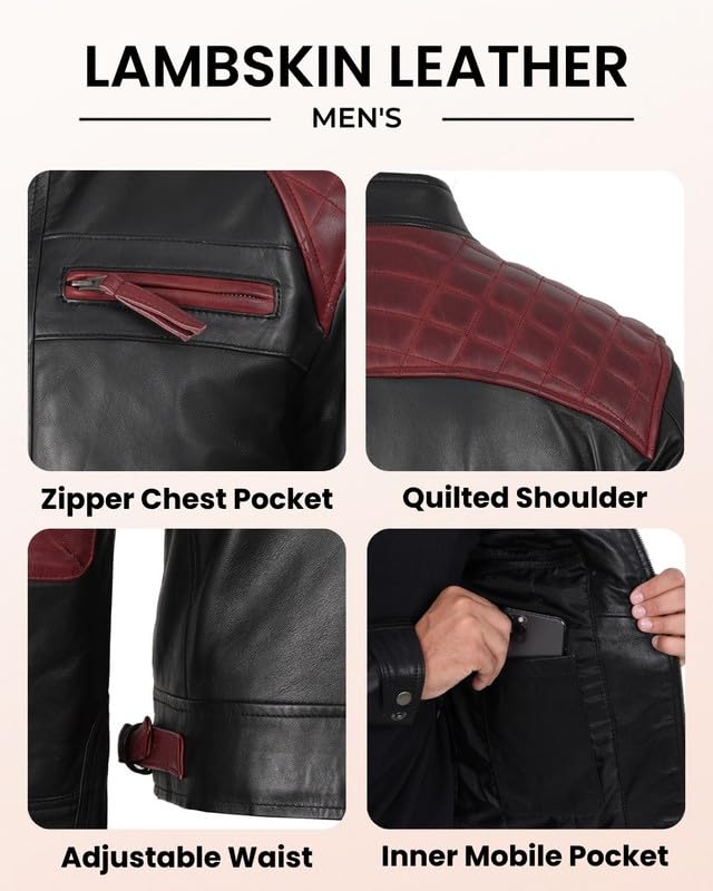 Image of Blingsoul Men's Leather Motorcycle Style Jacket - Quilted Cafe Racer Biker Style Jacket for Men