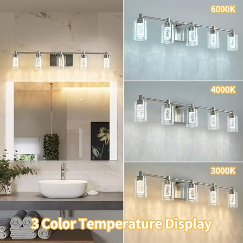 Image of 5-Light Brushed Nickel Vanity Lights,Bathroom Vanity Light Fixtures, Dimmable White /Neutral /Warm Light Brushed Nickel Light Fixtures with Clear Glass Shade for Bedroom, Living Room Hallway Lighting