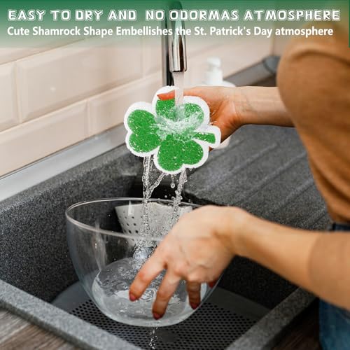 Image of JarThenaAMCS 12 Pack St. Patrick's Day Kitchen Sponges Green Shamrock Clover Shaped Non Scratch Dish Washing Sponges for Irish Home Restaurant