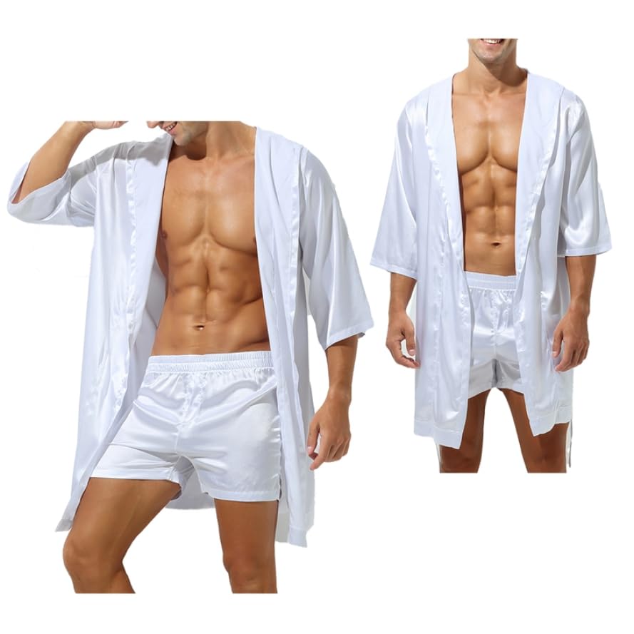 Hedmy Men Sexy Pajamas Silk Satin Pijama Hombre Hooded Bathrobe with Shorts Set Bath Robe Sleepwear3