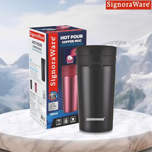 Image of Signoraware Hot Pour Coffeemate Stainless Steel Insulated Mug | 8 Hours Hot & Cold Drinks | Best for Coffee, Tea, Milk & Juices | Giftable | Great for Office, Home & Outdoor use (350ml | Black)