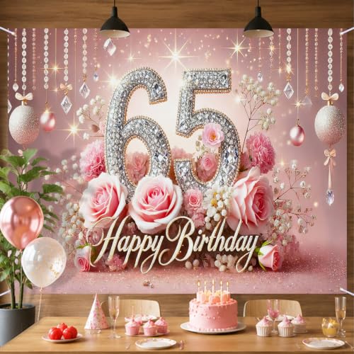 Image of Nuxovilar 65th Birthday Banner - Elegant Pink & Gold Floral Backdrop