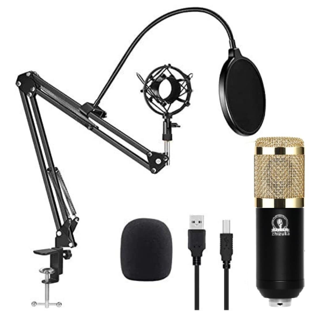 ZHIZUKA USB Studio Recording Condenser Microphone with Adjustable Boom Arm Stand kit + Shock Mount + Pop Filter | Recording Studio Mic, Podcast, Streaming, Voice Overs, Vlogging, YouTube. (Gold)