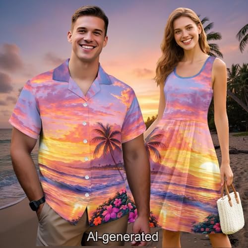 Image of Dreaweet Summer Dresses for Women A-Line Sleeveless Flowy Sun Dresses,Men's Casual Button-Down Shirts,Couple Matching Outfits