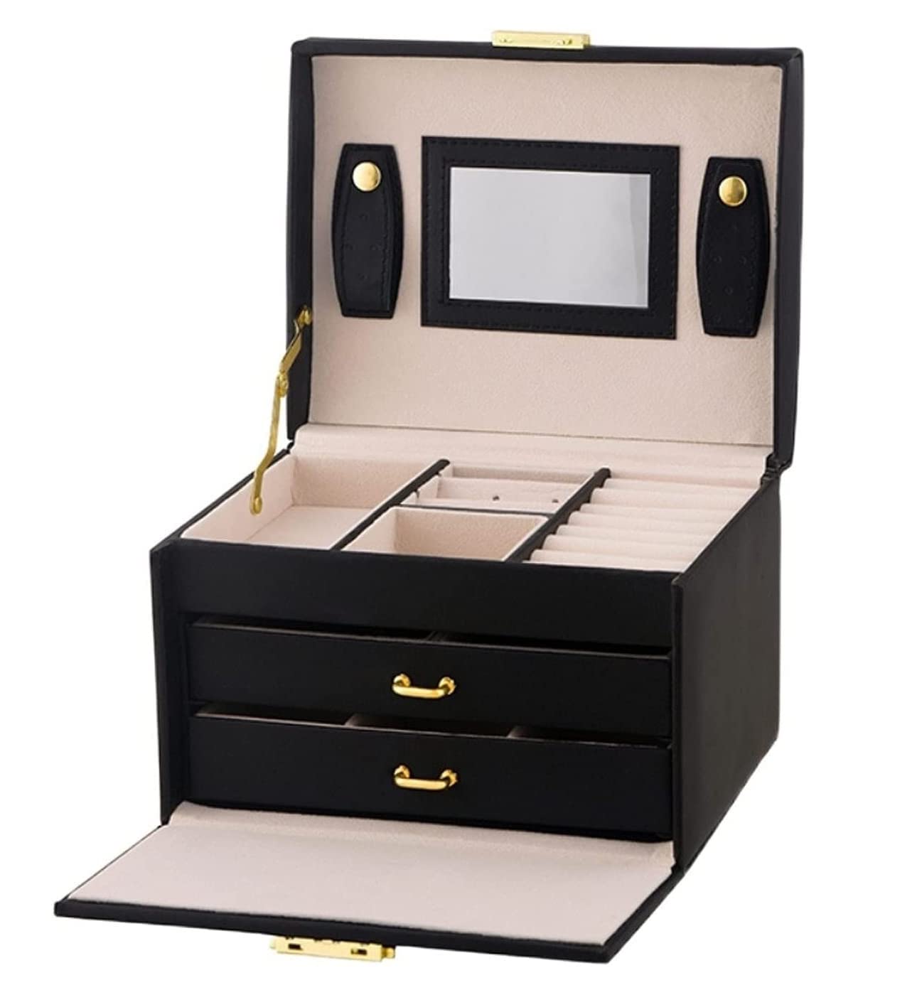 Organizer na Biżuterię 3-warstwowe Pudełko Na Biżuterię PU Skórzany Organizer Z Zamkiem I Lustrem Etui Pierścionki Kolczyki Naszyjnik Etui do Przechowywania(Black)