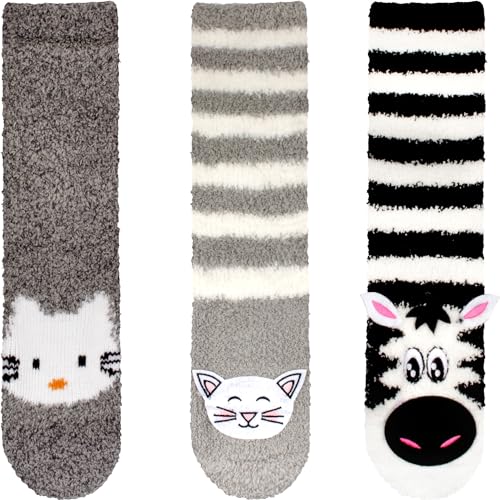 Image of BambooMN Super Soft Warm Cute Animal Face Non-Slip Fuzzy Crew Winter Home Socks, Value Pack