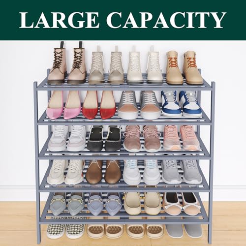 Image of Smiry Bamboo Shoe Rack, 5 Horizontal Slats, 5 Tier - 33.9 inch Wide, Grey