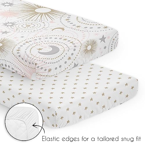 Image of Sweet Jojo Designs Blush Pink Gold Star and Moon Girl Baby Mini Crib Bedding Set for Infant Nursery Room Newborn Blanket and Portable Pack n Play Sheets 3pc Grey Celestial Sky Stars Gray Shabby Chic