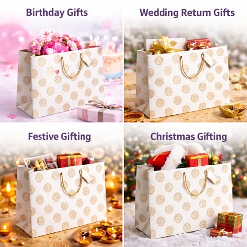 Image of Floral Gift Bags Large size - Paper Bags for Gifting - Return Gift Bags for Birthday Kids Party Wedding Christmas - Golden Pack of 5, 14 L x10.5 H x4 W inch