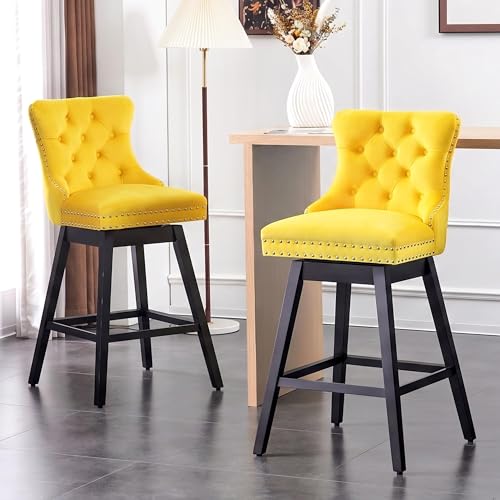 Image of Yellow Swivel Bar Stools, Velvet Counter Height Bar Stool Set of 6