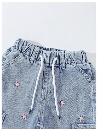 Verdusa Toddler Girl's Floral Wide Leg Denim Pants Streetwear Drawstring Waist Jean Cargo Pants3