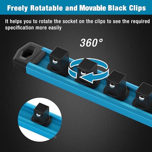 Image of WORKPRO Magnetic Socket Organizer, Heavy Duty 1 /4-Inch Drive Socket Rail | Aluminum Alloy, 12 Pieces Clips, Rotatable & Movable Clips, Efficient Organization