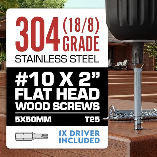 Image of #10 x 2 Inch Stainless Steel Deck Screws | 304 Grade (1000 Pack) | Flat Head T25 Star Torx Drive | Stainless Steel Screws by Eagle Claw Fasteners | Corrosion & Rust Resistant (Includes Driver Bit)