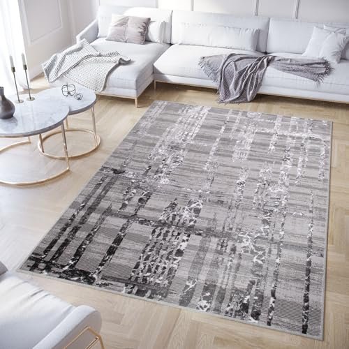 TAPISO Crystal Teppich Kurzflor Glänzend Dunkelgrau Streifen 140 x 200 cm – Ansicht 1
