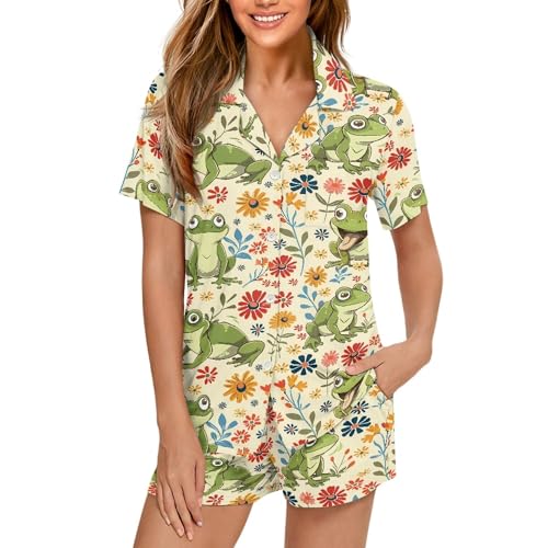 Image of Pjs Womens Short Sleeve Button Down Pajamas Set Two-Piece Nightwear with Pockets