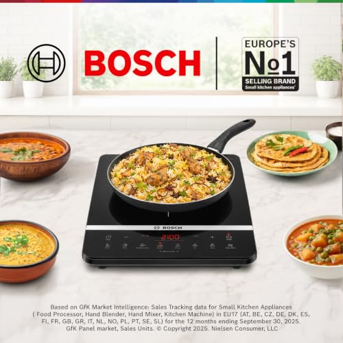 Image of Bosch TrueSafe Indi 2100W Ultra-Sleek Induction Cooktop | Feather Touch Control Panel | Superior 6KV Surge Protection | 8 Preset Menus & Timer | 3 Year Coil Warranty | Child Safety Lock | (PI815S11EI)
