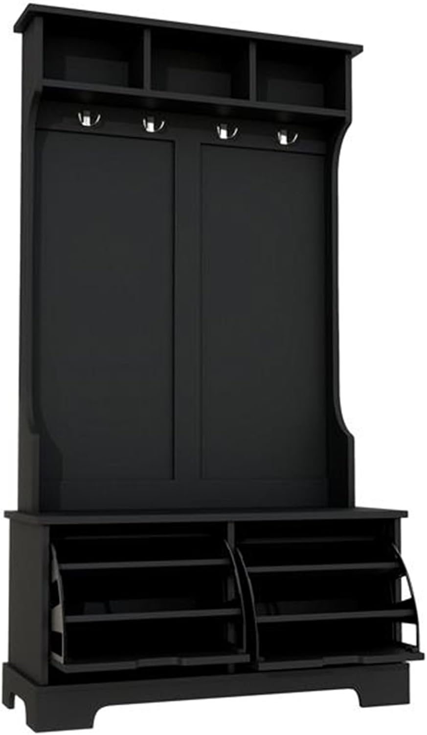 All-in-One Wooden Hallway Organizer, Entryway Coat Rack Hallway Tree with 3 Top Shelves and Reversible Shoe Cabinet Drawer with Storage Bench and Metal Hooks, Black