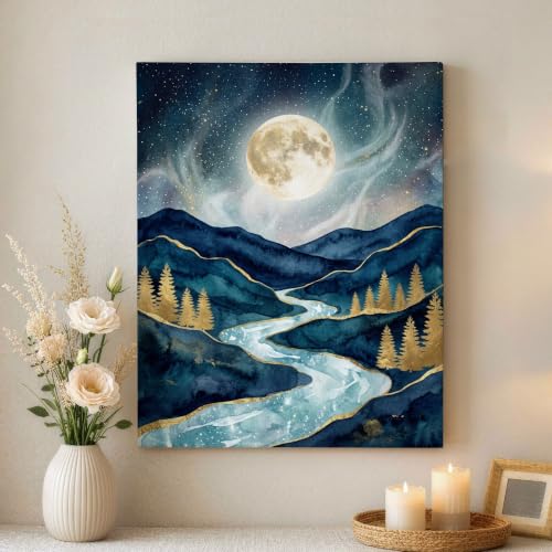 Lienzo de naturaleza azul y dorado para el salón con diseño abstracto de río y luna