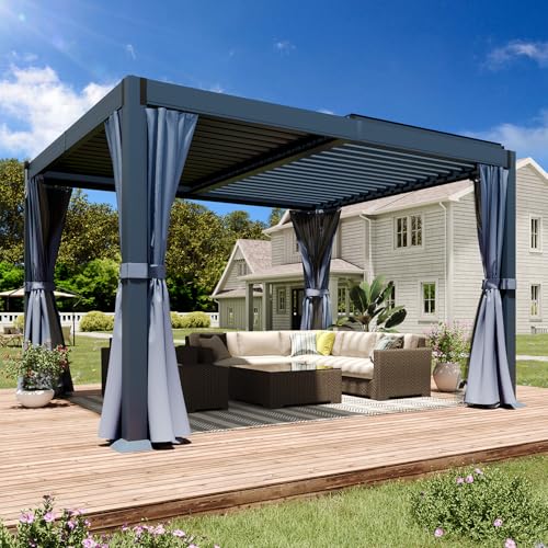 MELLCOM Louvered Pergola 10x12ft with 2 Independent Adjustable Roof, All-Weather Aluminum Shelter with Drainage System, Waterproof Curtains and Netting for Patio, Deck (Dark Gray)