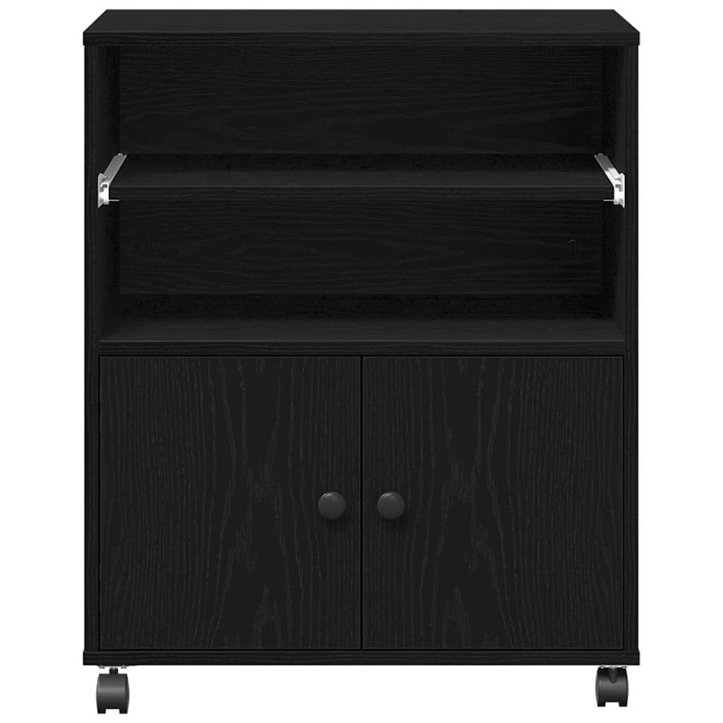 Druckerständer Schwarz Eichen-Optik 60 x 48 x 74 cm, kompaktes Druckerregal aus Holzwerkstoff mit schwarzen Knöpfen, Stabiler Druckerunterschrank für Home-Office und Büro,