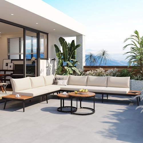 Quarte Modern Patio Furniture Set, 6-Piece Outdoor Sectional Sofa Set with Round Nesting Coffee Tables and Seating Sofa with Cushions for Patio, Porch Garden (Beige+C)