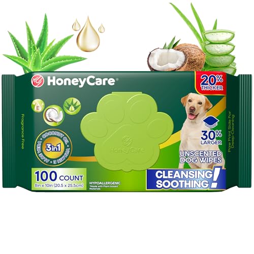 Image of HONEY CARE Disposable Pet Wipes for Dogs & Cats, Fragrance-Free, Cleansing & Soothing for Paws, Butt & Body, 100 Count (Pack of 9)