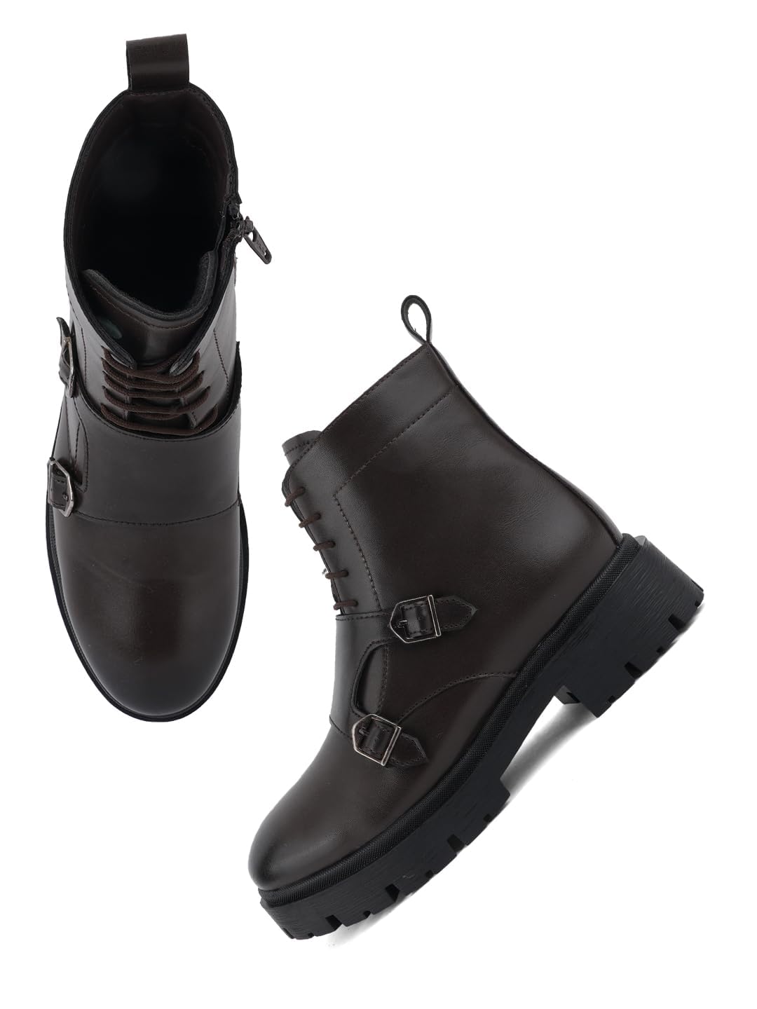 drop bold Women’s Chunky Lace-Up Combat Boots with Buckle Detail-picture-12