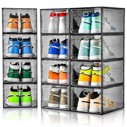 Image of Amllas 12 Pack Shoe Boxes Stackable,Upgraded Sturdy Shoe Storage Boxes with Clear Magnetic Door,Multifunctional Sneaker Storage, Shoe Box Organizer Fit up to US Size 12 Gray(13.8 inchx 9.84 inchx 7.1 inch)