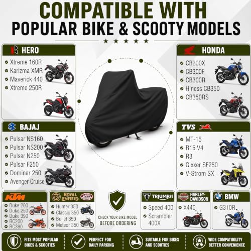 Image of Pivalo 100% Waterproof (Tested) Bike Body Cover for All Sports Bikes & Upto RE 350 Size | Dustproof, Windproof & UV Protected | All Weather Protection Two Wheeler Motorcycle Cover (XL, Black)