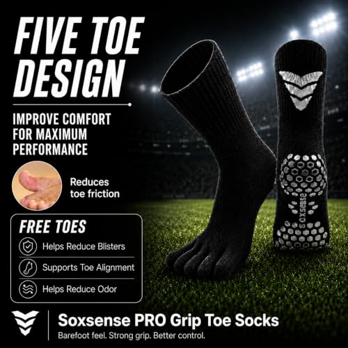Image of Soxsense Soccer Grip Toe Socks, Non-Slip Socks for Sports & Pilates | Individual Five-Toe Design, Non-Slip Grip Sole, Supportive Arch Fit, Breathable Mesh Ventilation