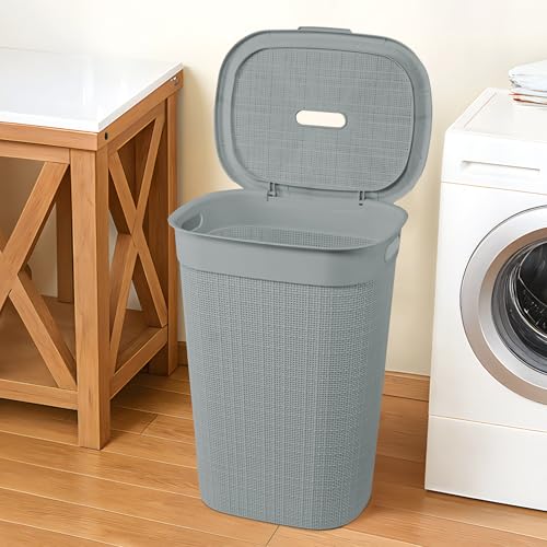 Image of KITCHIVO Plastic Large 55 Ltr Laundry Basket with Lid & Handle | Multipurpose Hamper Bins Storing Washable Clothes, Blankets | Household Ideal for Home & Bathroom (Woods Grey Laundry Basket)