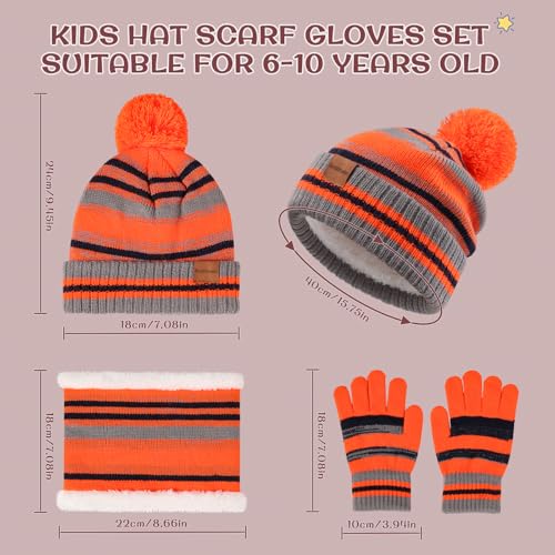Image of Kids Winter Hat Gloves Scarf Set: Girls Boys Beanie Fleece Lined Ages 6-10