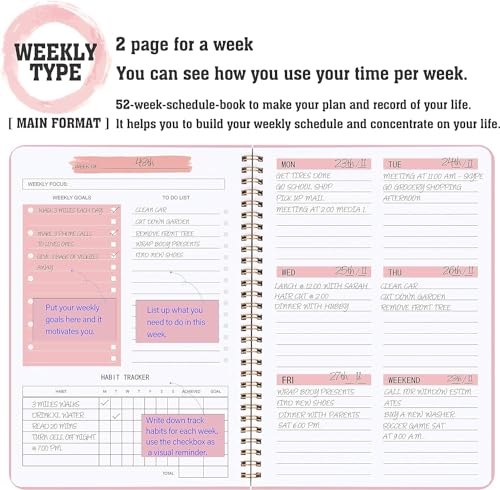 SKY-TOUCH A5 Weekly Planner : To Do List Notebook with 52 Undated Sheets Daily Planner with Goal Habit Tracker Organizer for Office Home School Work Study Life Pink