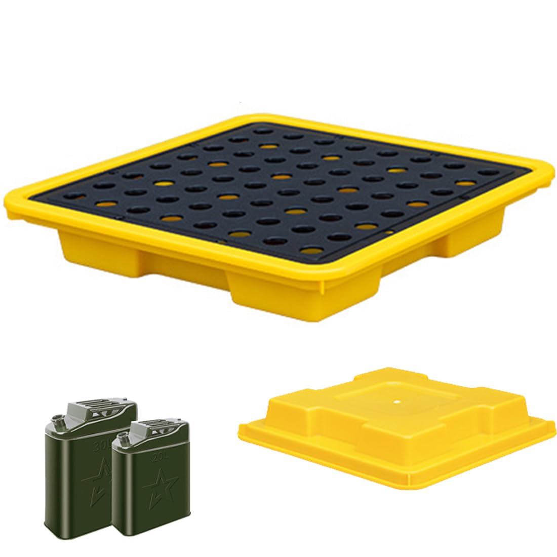 SGKOMN Drum Spill Containment Pallet, Industrial Nestable Oil Drums Leak-Proof Tray, Garage Storage Detachable Anti Slip Polyethylene Platform with Drain, 33.5 * 33.5 * 5.5cm