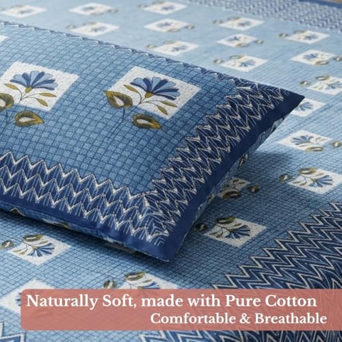 Image of Jaipur Weaves Jaipuri Double Bed Cotton Bedsheet Queen Size 90x85, 120 TC 100% Pure Cotton Bed Sheet with 2 Pillow Covers, Floral Traditional Print (Floral Blue, Double)