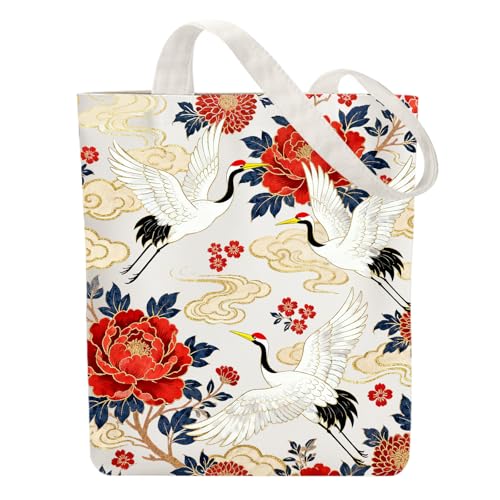 ANATTASOUL Tote Bag Femme,Sac en Toile Imprimé,Sac Fourre-Tout Reutilisable,Coton Grue et Pivoine Sacs de Courses,38 * 40cm Large Blanc Sac Tote Bag en Toile...