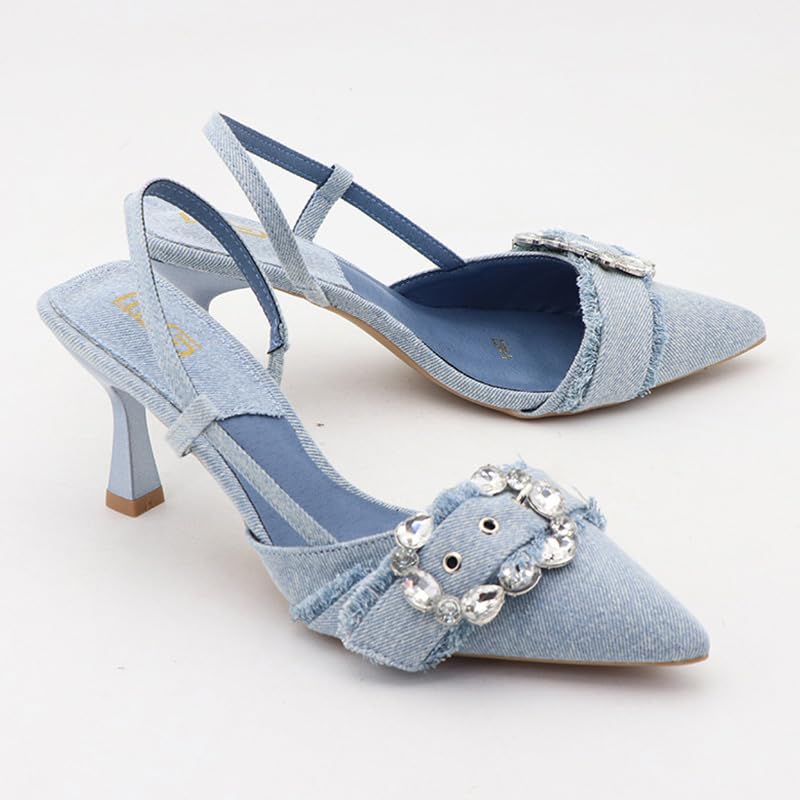 Women's Rhinestones Pointed Toe Denim Kitten Heels Fashion Slip On Slingback Low Heel Dress Mule Pumps for Wedding Party Evening Shoes2