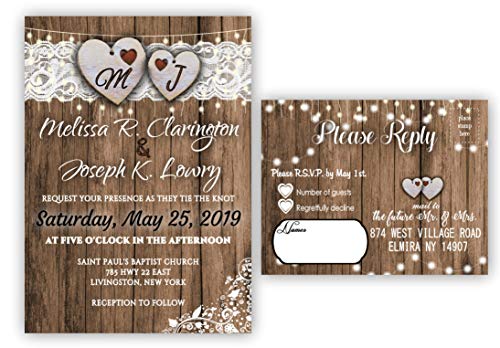 Generic Rustic Wedding Invitations Heart Personalized With Rsvp Set Of 50 Country Invites And Response Cards thumb #1
