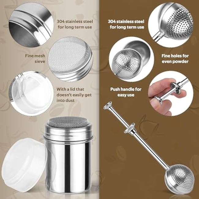 2 Pack Powdered Sugar Shaker Duster, Stainless Steel Cinnamon Sugar Shaker & Flour Duster Set, Spring Flour Sifter with 16Pcs Coffee Stencils for Baking, Coffee